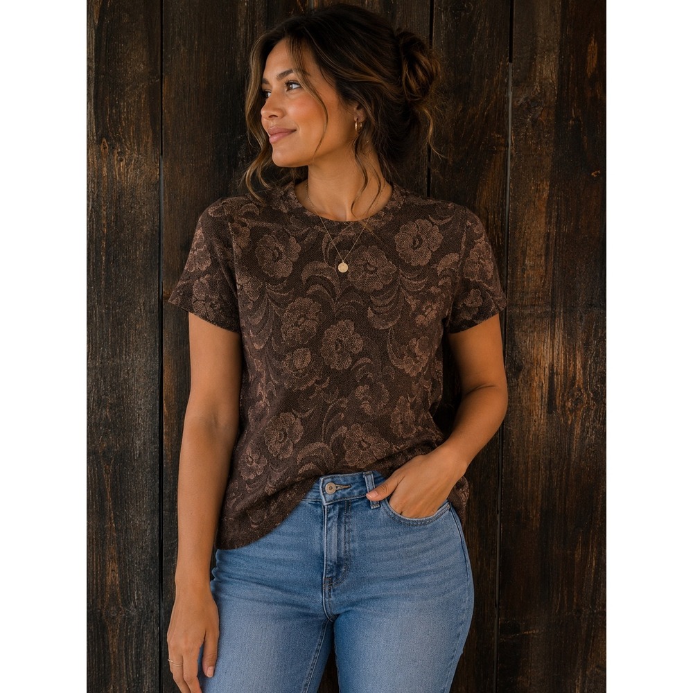 Floral Jacquard Metallic Mesh Short Sleeve Top Brown Crew Neck Tee